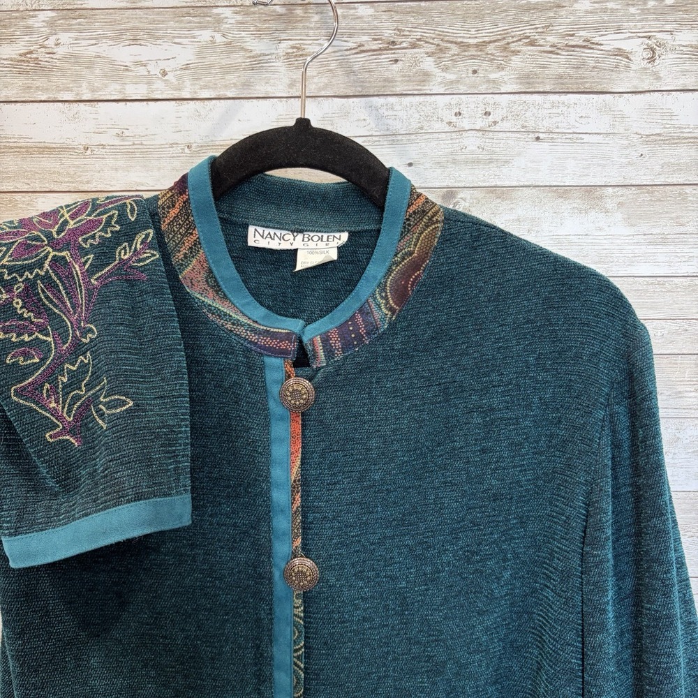 Vintage Nancy Bolen City Girl Womens M Silk Cardigan Teal Tapestry Embroidered